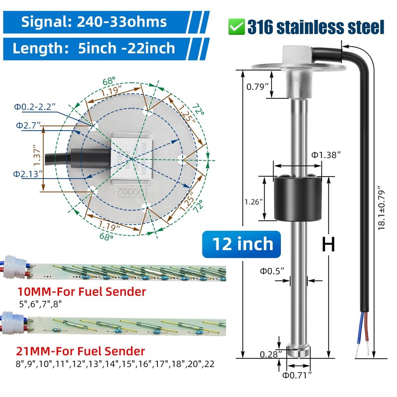 MH Fuel Sending Unit and Gauge 12"(300mm) 316 Stainless Steel