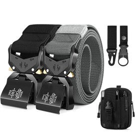 Leskyair Men's Tactical Work Belt, High Performance, 38 mm width, Military Style, Quick Release Metal Buckle, Gift with Tactical Molle Bag and Water Bottle Clip, Black + grey