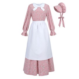 CR ROLECOS Womens Pioneer Dress Rose Pink Floral Prairie Dresses Pilgrim Colonial Costume Bonnet Apron 3 Pieces Set S