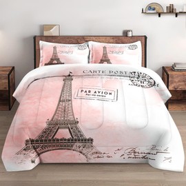WeCozy Comforter Set Twin Size with Pillowcase, Paris Eiffel Tower 2 Pcs Bedding for Kids and Adults, Beautiful Pink Place Soft Comforter Set for Bedroom Bed Decor