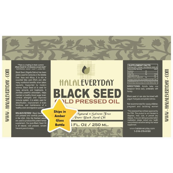 Pure and Cold Pressed Black Seed Oil - 8 oz Glass Bottle - NON-GMO and Vegan - Nigella Sativa -Hexane Free - Halal Certified - Unfiltered,Dark and Potent - Natural Source of Nigellone and Thymoquinone