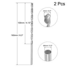 sourcing map HSS(High Speed Steel) Extra Long Twist Drill Bits, 5mm Drill Diameter 160mm Length for Hardened Metal Woodwork Plastic aluminum alloy 2 Pcs