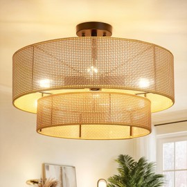Hamilyeah 20 inch Boho Flush Mount Ceiling Light Fixture Double Layer, Drum Light Fixture Ceiling Mount with Wicker Shade, Bamboo Woven Rattan Lights Ceiling for Living Room, Bedroom, Dinning Room