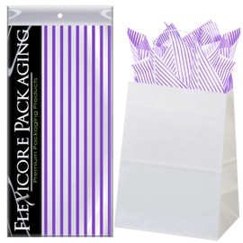 Flexicore Packaging White Kraft Paper Gift Bags & Purple Gift Wrap Tissue Paper | Size: 8 Inch X 4.75 Inch X 10.5 Inch | Count: 5 Bags | Color: Purple Pin Stripe