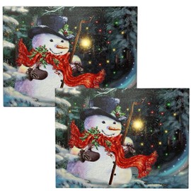 BANBERRY DESIGNS Light Up Snowman Canvas Print LED Lighted Christmas Wall Hanging Snowman with a Black Top Hat and a Red Scarf Holding a Lantern - Winter Holiday Scene Wall Art - 2 Piece Set