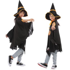 Ansimple Halloween Costume, 3-Piece Set, Cloak, Hat, Pumpkin Bag, Witch, Devil, Shrine Maiden, Ghost, Pumpkin, Kids, Unisex, Popular, Cosplay, Events, Parties, Costume, Recitals, Performances, (Black)