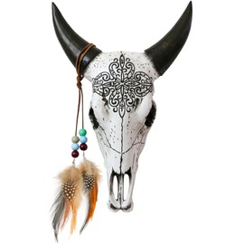 alikiki 3D Bull Skull Wall Decor - Southwest Horned Cow Head Skull Wall Hanging w/Feather Beads Resin Faux Steer Buffalo Animal Wall Sculpture Wall Art Home Bedroom Living Room Boho Wall Ornament