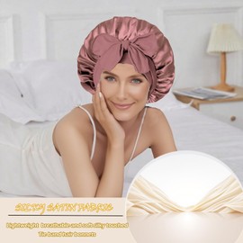 CHUNG Women Hair Bonnets Double Layer Satin Silk Bonnet Hat for Sleeping with Tie Band Wig Curly Double Layer,Dustypink