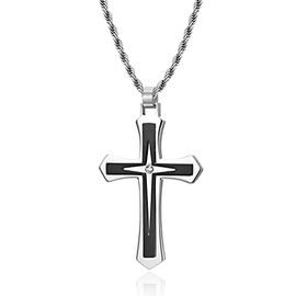 REchoLI Cross Necklace for Man,Stainless Steel with Crystal Accent Cross Silver/Black Pendant,Christian jewelry Chain Length 60 CM / 23.6 Inches