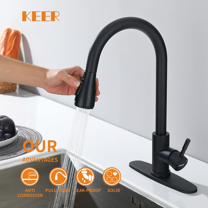 Keer Matte Black Single Handle Pull Down Kitchen Faucet with
