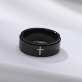 Titanium Stainless Steel Anxiety Ring Cross Rotating Ring Stress Relieving Ring for Men Women (Black, 7)