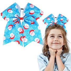 Christmas Cheer Hair Bow Ties with Elastic Large Santa Claus Printed Grosgrain Ribbon 7 Inch Snowflake Ponytail Holder Handmade Cheer Bow Hair Ties for Girls and Women Headdress Decor 1PCS