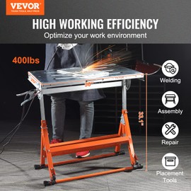 VEVOR Welding Table Foldable 30"x20", Welding Workbench Table 400lbs Load Capacity Steel on Wheels, Work Bench Adjustable Height with 3 Tilt Angles, Three 1.1" Slot, Retractable Guide Rails