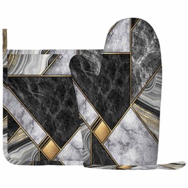 Mxocom Mosaic Marbling Oven Mitt and Pot Holder with Silicone Marble Granite Agate Gold White Black Gray Gold Glitter Heat Resistant Kitchen for Cooking BBQ Baking Grilling Spring/Summer