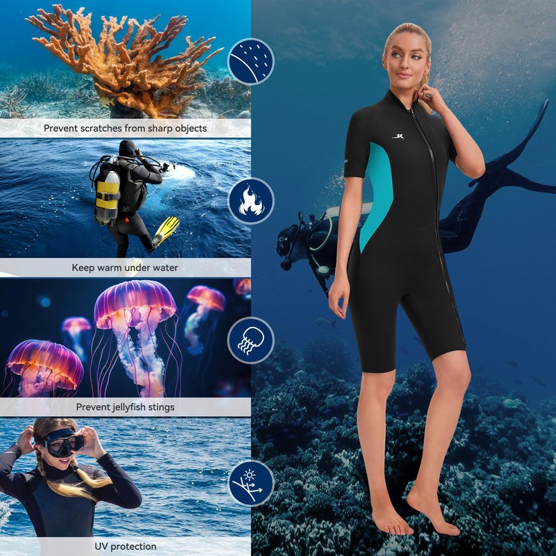 Jsnorklet 2mm Shorty Wetsuit Womens Front Zip Neoprene Diving Suit
