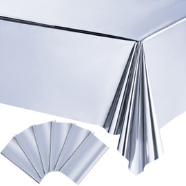 Foil Party Rectangular Table Covers Table Cloth 54 x 108 Inch Shiny Plastic Waterproof Tablecloth Party Table Cover for Wedding Anniversary Engagement Party (Silver, 6 Pieces)