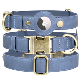 Airtag Dog Collar, PU Leather Collar w Airtag Holder for Medium Dogs(Blue)