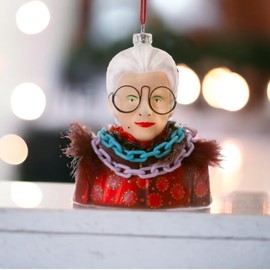 Iris Apfel Blown Glass Christmas Ornament with Signature Round Glasses and Faux Fur Detail, Model GO-6426 by Cody Foster
