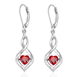 Heart Birthstone Infinity Earrings for Women Sterling Silver 925 Drop Dangle Lever Arm Earrings Jewellery Gifts for Women, Sterling Silver, Cubic Zirconia