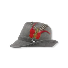 Essence of Europe Gifts German Hat | Hunter Hat Faux Leather Fedora with Metal Edelweiss Pin & Feather - Oktoberfest Hats for Men & Women, 100% Polyester | Grey
