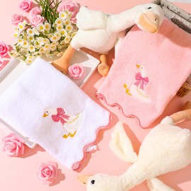 Mindsoft 2 Pcs The Silly Goose Hand Towels for Bathroom 100% Cotton Scalloped Pink Bow Embroidered Decorative Soft Absorbent Bath Towel for Kitchen Facecloth First Birthday Decor, 13.7 x 29.5''
