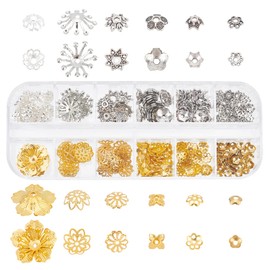 PandaHall 310 pcs Iron Flower Petal Bead 12 Shape Caps Spacer Tibetan Alloy Bead Spacer for Earring Bracelet Necklace DIY Jewellery Making, Gold/Platinum