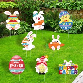 8 Pcs Happy Easter Yard Signs Garden Decoration Easter Egg Bunny Rabbit Carrot Basket Chicken Signs for Easter's Day Yard Garden Party Decorations Outdoor