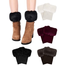 Pangda 4 Pairs Women Faux Fur Boot Cuff Furry Fuzzy Leg Warmers for Boot Winter Warmers Furry Leg Socks Knitted Boot Socks(Black, Beige, Wine Red and Coffee)