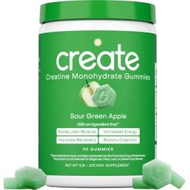 Create Creatine Monohydrate Gummies for Men & Women, Boost Focus, Strength, and Endurance, Anti-Melting Formula, Vegan, Gluten-Free, Non-GMO, 1.5g of Creatine per Gummy (Sour Green Apple)