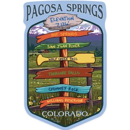 Die Cut Sticker Pagosa Springs, Colorado, Destination Signpost, Vinyl Sticker 3 to 6 inches, (Waterproof Decal for Cars, Water Bottles, Laptops, Coolers), Large