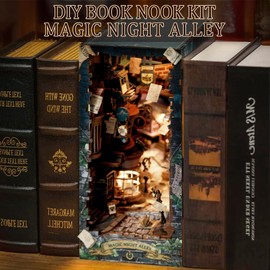 CRIOLPO Book Nook Kit-DIY Dollhouse Wooden Miniature House Kit, Book Nook Miniature Kit for Adults Teens, 3D Wooden Puzzle Book Nook Bookshelf Insert Kits with Sensor Led Light