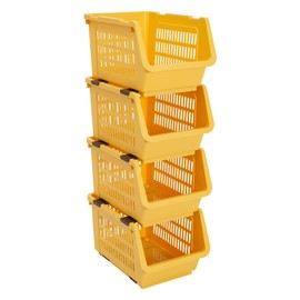 RENFANSHOP 4-Pack Stackable Plastic Storage Baskets - Open Front Organizer Bins for Kitchen, Pantry, Bathroom, and Toy Storage - Durable and Versatile Storage Solution (Yellow)