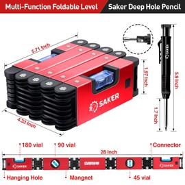 Saker Multi-Function Foldable Level and Deep Hole Pencil Set,Perfect Set of Multi-Angle Measurement Woodworking Tools and DIY Woodworking Scribe Gauge Scriber Line Maker Measuring Tool