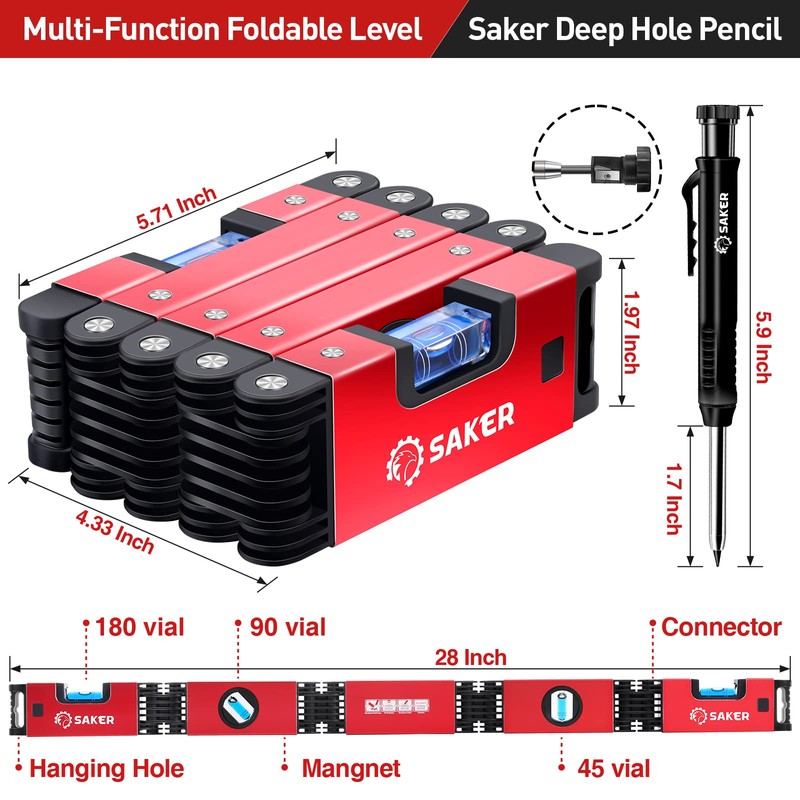 Saker Multi-Function Foldable Level and Deep Hole Pencil Set,Perfect Set