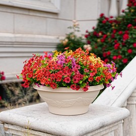 HARSOML Outdoor Artificial Flowers, 8 Bundles Fake Silk Daisy Eucalyptus UV Resistant, No Fade Faux Plastic Shrubs for Garden Patio Porch Window Box Summer Decor (Fuchisa, Yellow, Orange, Siam)