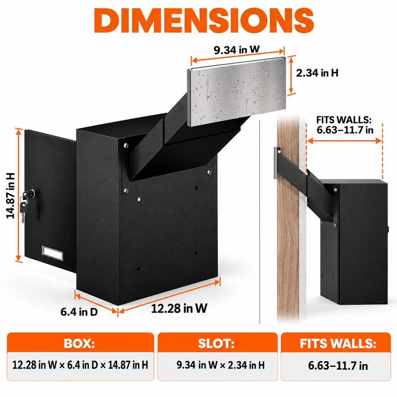 Through-Wall Locking Drop Box with Adjustable 6.63-11.7 Inch Chute, Heavy