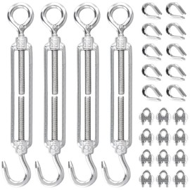 KEILEOHO 26-Piece Rope Tensioner Turnbuckle Set, 4 Turnbuckles Stainless Steel + 12 Wire Rope Clamp + 10 Cable Thimbles, 145 mm Adjustable Turnbuckle M6, Wire Tensioner Stainless Steel Rope Tensioner