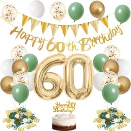60th Birthday Decorations for Men Women,Saga Green Birthday Balloons,Green White Gold Birthday Party Decoration With Happy 60th Birthday Banner,60th Birthday Confetti Green for 60th Birthday Deco