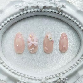 White French Tip Press on Nails Short Almond Fake Nails with Bow Pearl Flower Charm Designs Light Pink Full Cover Glue on Nails Press ons Cute Acrylic False Nails for Women Girls 24 Pcs