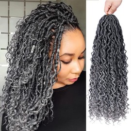 BAOTA Goddess Locs Crochet Hair 10 Inch 7 Packs Faux Locs Crochet Hair for Women Pre Looped Soft Gray River Locs Crochet Braids with Curly Hair Boho Hippie Locs (T1B/Gray#)