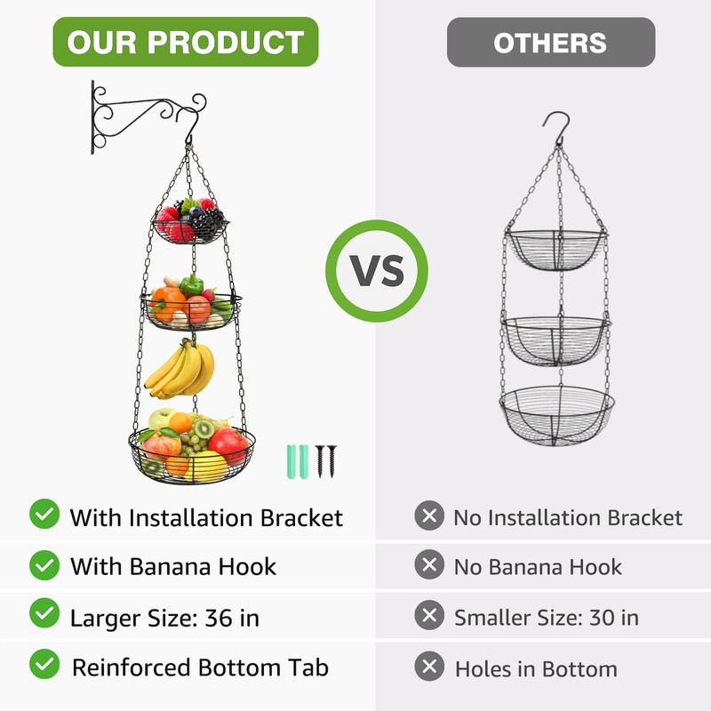 HULISEN 3 Tier Hanging Fruit Basket with Banana Hook, 36-Inch