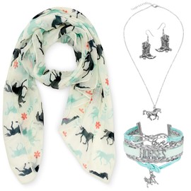 Landical 4 Pcs Horse Scarf Gift Set for Women Outfits Cowgirl Earring Necklace Bracelet for Western Equestrian Lover Christmas Gift(Beige,Cute)