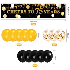 75th Birthday Decorations, Birthday Banner 'Cheers To 75 Years' Gold and Black Fabric Photo Backdrop Banner with Latex Balloons and Confetti Balloons, Birthday Party Decorations for Women, Men