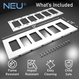 NEU 6-Gang Screwless Mid-Size Decorator Light Switch Outlet Cover Wall Plates, 12" x 4.75", Unbreakable Polycarbonate Thermoplastic, Glossy White
