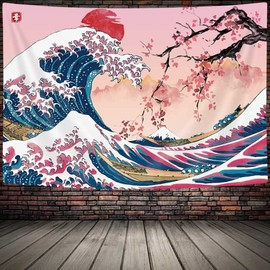 MERCHR Pink Japanese Wall Tapestry, 80 x 60 Inch, Asian Anime Mountain Red Sun Cherry Blossom Decorations for Bedroom Home Decor