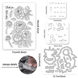 ACRNIGHEET Flowers Clear Stamps and Dies for Card Making Layering Coloring Stencil Set Metal Cutting Die Peony Floral Template for Album Paper Scrapbooking DIY Embossing Crafting Supplies