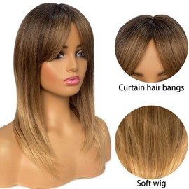 MIMISERVICE Long Light Brown Wigs for Women, Brown Wigs with Bangs,Layered Shoulder Length Synthetic Wig for Daily Party (20 inch)