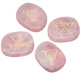 Rockcloud Healing Crystal 4pcs Engraved Triangle Symbol Stones Palm Stones Reiki Balancing,Rose Quartz