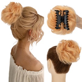 S-noilite Claw Clip Messy Bun Hair Piece 100% Real Human Hair Buns Curly Wavy Tousled Bun Scrunchies for Women Blonde Clip in Bun Hair Extension