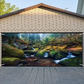 CSFOTO 7x16ft Woodland Stream Garage Door Banner - Tropical Forest Natural Landscape Mural - Mountain Stone Trees Interior Decorative Wallpaper for Large Outdoor Garage Cover